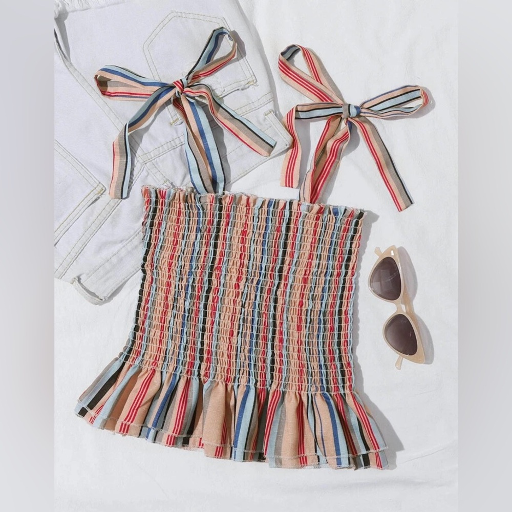 SHEIN Unity Ruffle Hem Shirred Knotted Striped Cami Top | Size M